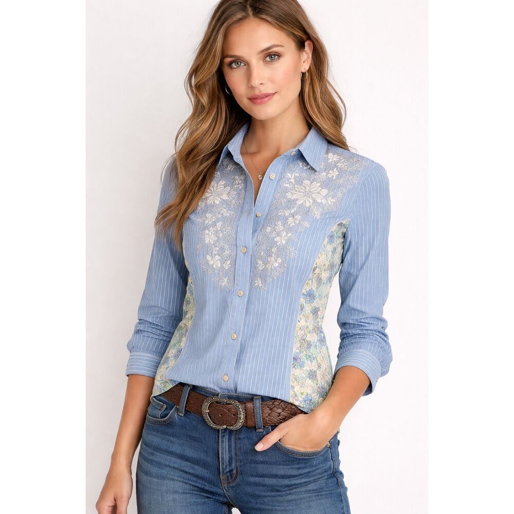 3J Johnny Was Embroidered Western Snap Shirt Small Blue